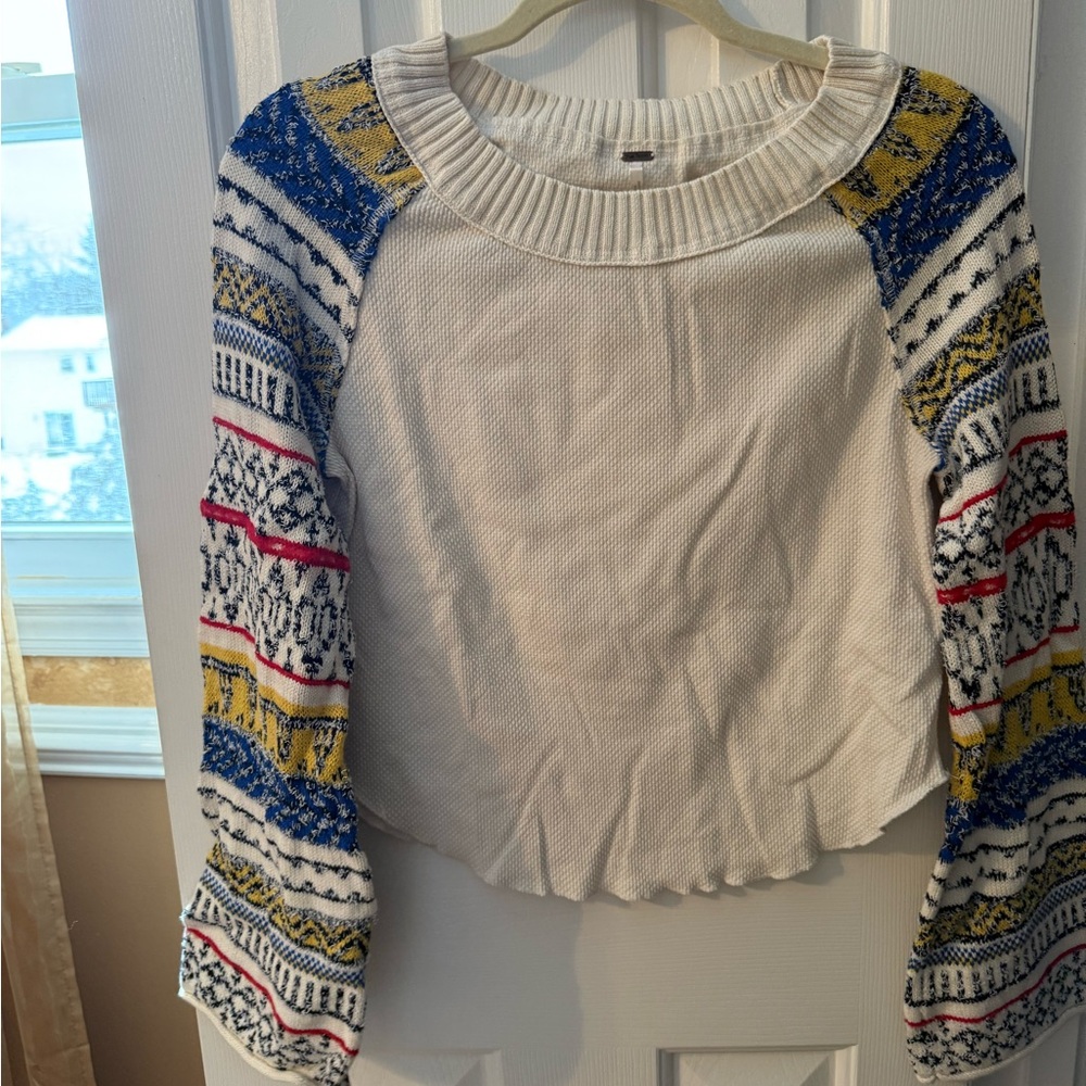 Free People Colorful Knit Sweater with Patterned Sleeves